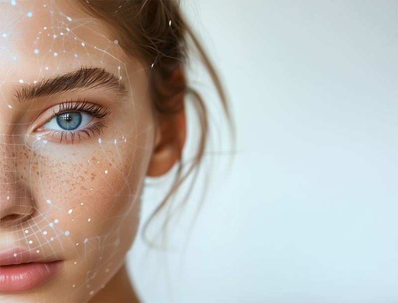 Eine Frau hält eine weiße Gesichtscemreflasche vor einem blauen Hintergrund.